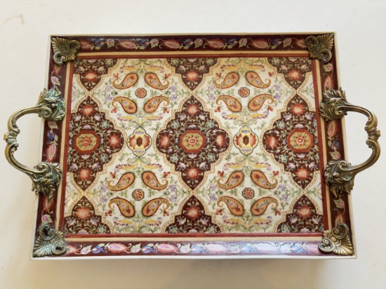 Decorative Ornate Serving Tray with Gold Handles