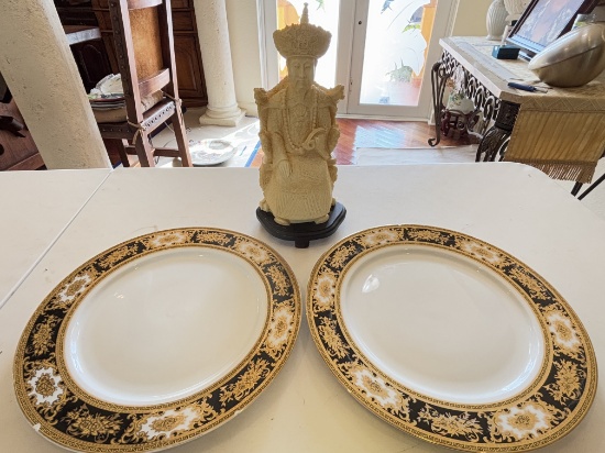 Porcelain Plates & Ivory-Style Emperor Figurine