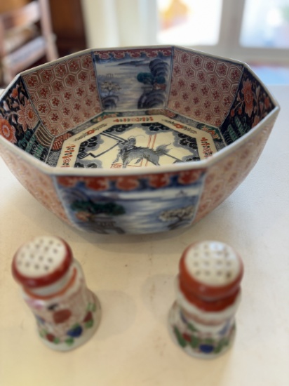 Asian Octagonal Bowl & Hand-Painted Shakers