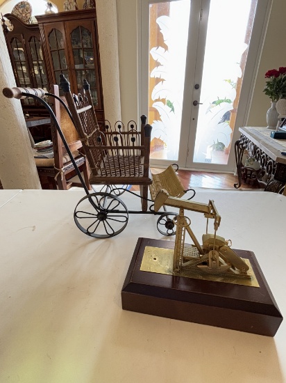 Antique Wicker Stroller & Brass Oil Pump Model