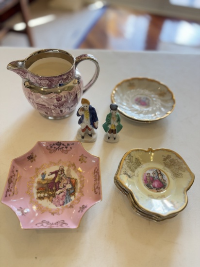 Victorian Porcelain Set: Pitcher, Plates & Figures