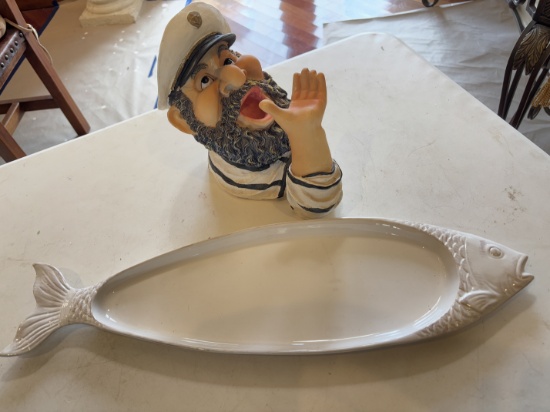 Vintage Ceramic Fish Dish & Captain Wine Holder
