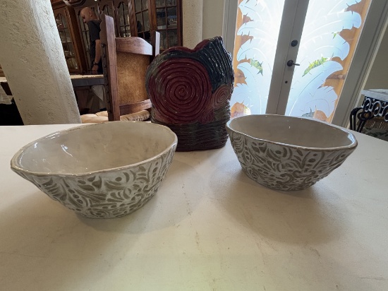 Artisan Ceramic Bowls with Decorative Vase