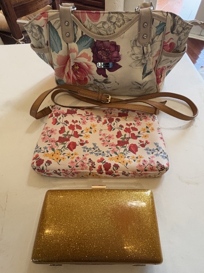 Designer Floral Print Bags & Gold Glitter Clutch