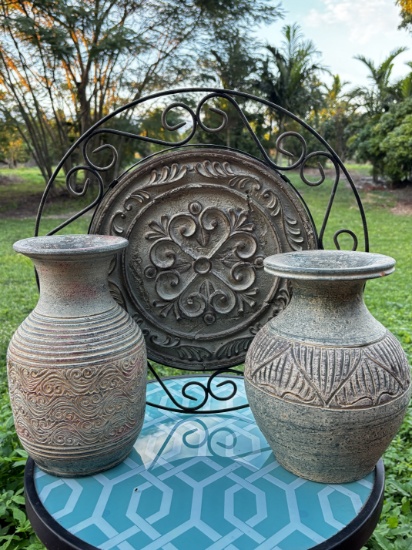 Ornate Ceramic Vases with Decorative Wall Plate
