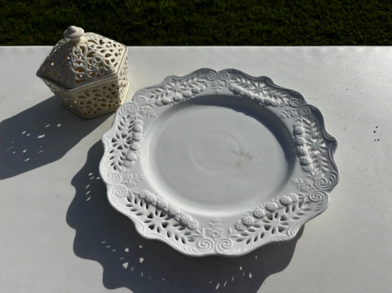 Antique White Porcelain Plate & Lattice Jar