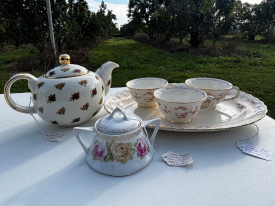 Floral Teapot, Sugar Bowl, & 4-Piece Tray Set