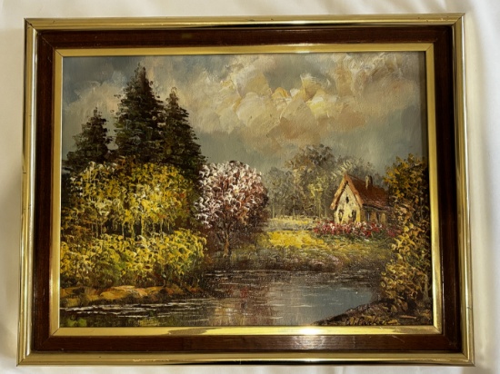 Rustic Cottage by a Stream Oil Painting - Signed
