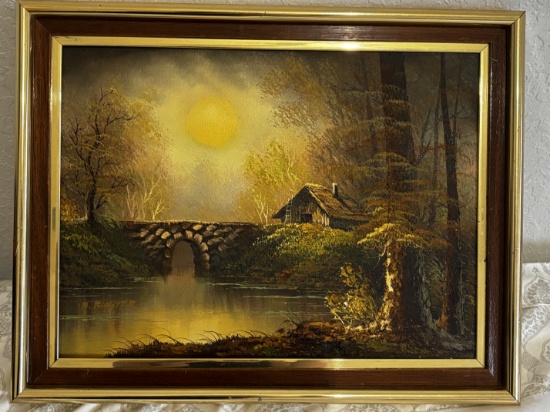 Golden Sunset Cabin Oil Painting