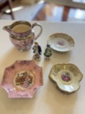 Victorian Porcelain Set: Pitcher, Plates & Figures