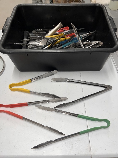 Assorted Tongs, Some Color Handles and Buss Bin