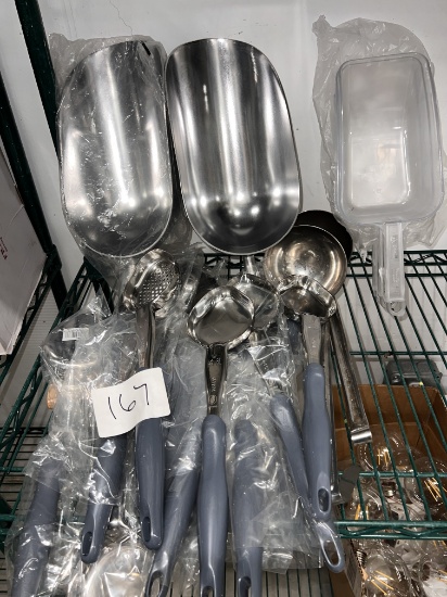 Asst Lot of New Spoons, S/S Ice Scoops, Large Laddles, Plastic Scoops