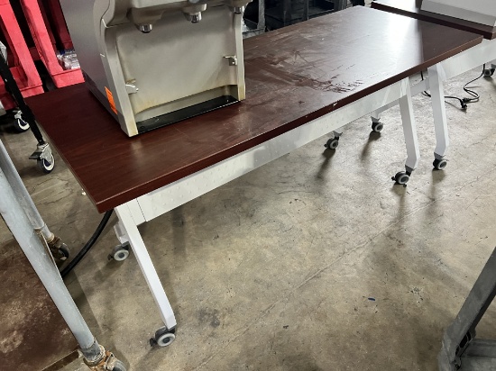 Dark Wood Table with Metal Frame and Locking Casters, 24" X 60"