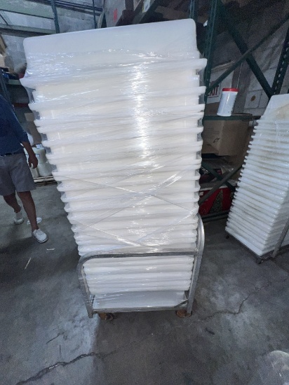 White Bins 7"  Deep with Covers and Rolling Cart, 18" X 25"