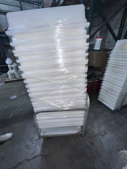 White Bins 7"  Deep with Covers and Rolling Cart, 18" X 25"