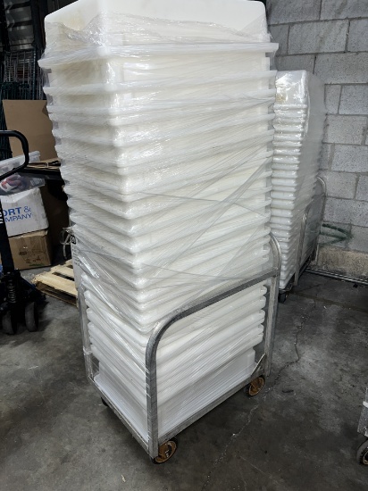 White Bins 7"  Deep with Covers and Rolling Cart, 18" X 25"
