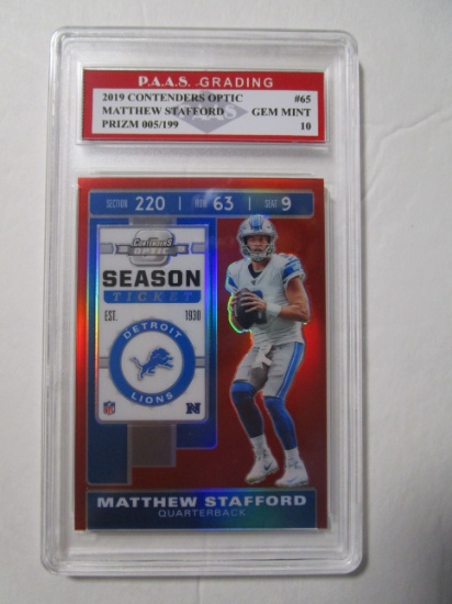 Matthew Stafford Lions 2019 Contenders Optic Prizm 005/199 #65 graded PAAS Gem Mint 10