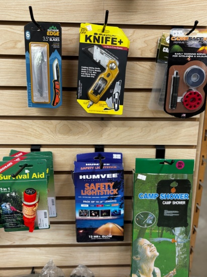 Survival Shelf Lot - Utility Knives - Fire Starter - Camp Shower & More