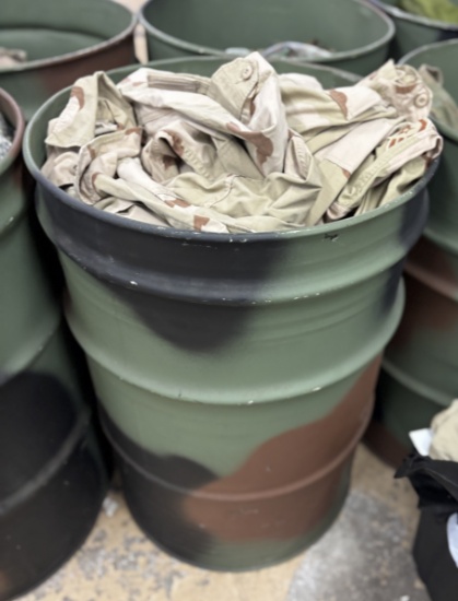 Contents of 55 Gal Barrel - Military Surplus Camo Uniforms - Pants & Jackets