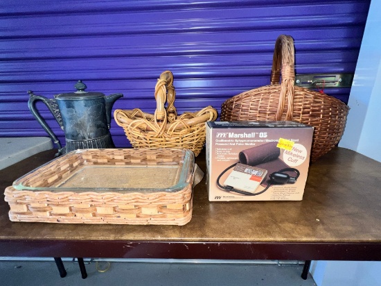 Lot, Miscellaneous (2) Wicker Baskets, Blood Pressure Unit, ice Bucket,S erving Dish