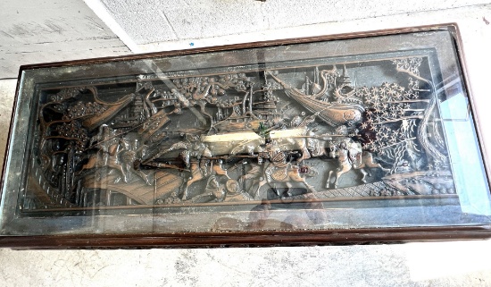 Heavy Carved Oriental Theme Coffee Table with Heavy Carved Warrior Figures, 18" X 42" X 21"
