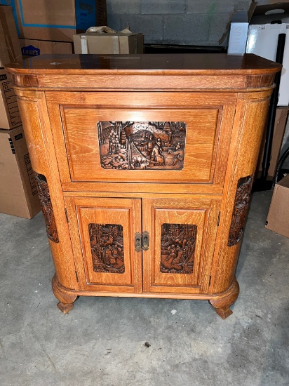Hand Carved Bar with Openings for Storage on Sides, Mirrored Openings