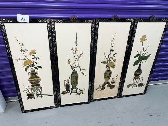 Set of (4) Floral Scenes on Mountable Hoods with Raised Soapstone Figures