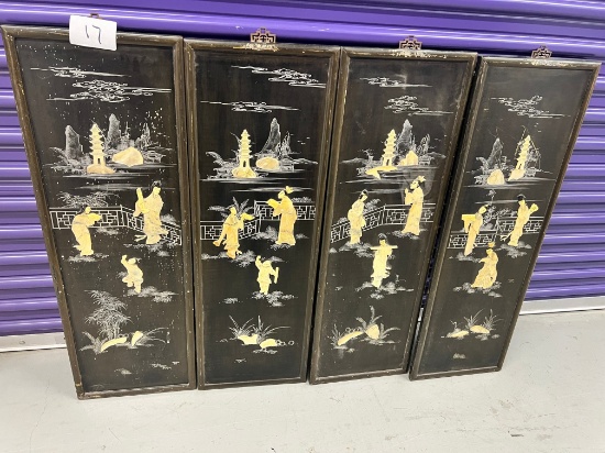 Set of (4) Oriental Screens  on Mountable Hoods with Raised Soapstone Figures