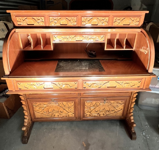 Antique Roll Top Desk, 48" High, X 26" X 48" Wide with Exquisite Carvings