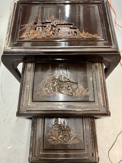 Nested Set of Antique Stack Tables with Thai Carved Scenes in Each of the 3 Tables
