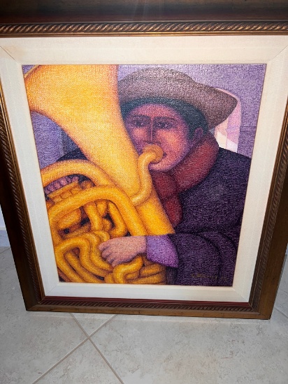 Ernesto Gutierrez Oil on Jute, 44" X 50" with Exquisite Gold Leaf Frame, Signes by Artist,