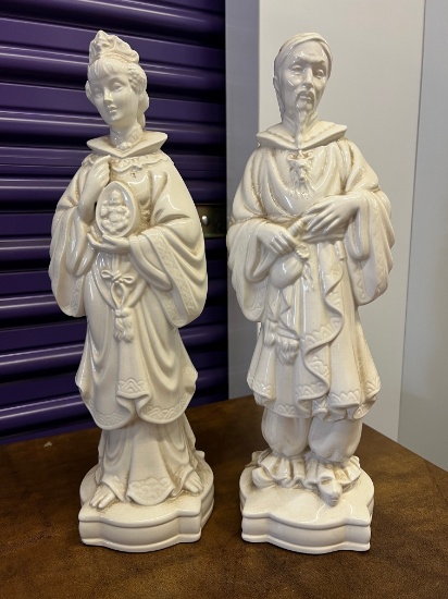 Ceramic Chineese Gentleman and His Wife Holding A Picture of Their Baby, 16" High