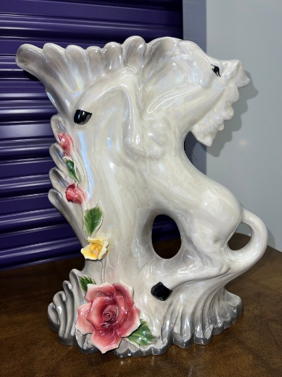 Brand New Capodomonte Vase with Prancing Horse &  Raised Flowers, 13" X 12"