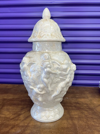 Irredescent White Jar with Raised Relief and Removable Cover