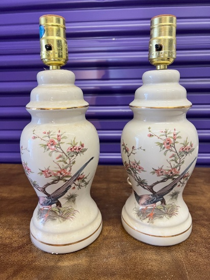 Hand Painted Lamps Depicting Cherry Blossom Trees and Birds, (no shade/no finial