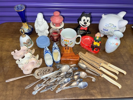 Lot, Miscellaneous Porcelain Mini Shoes, New Piggy Bank, Demi Tass Silverware and More
