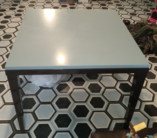 Two toned wood table - brown and blue - 37 x 37 in