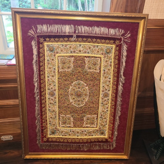 Gold Thread Embroided Jeweled Handmade rug - Framed 39 x 50 in