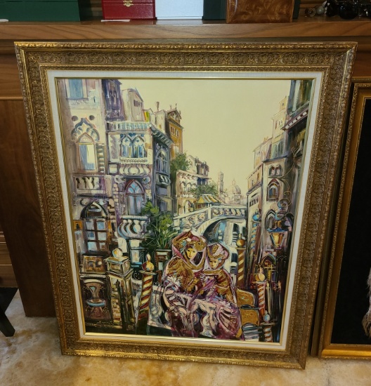 Two ladies on Venice Bridge  by Sandra Beorchia - 33 x 44 in Framed Original