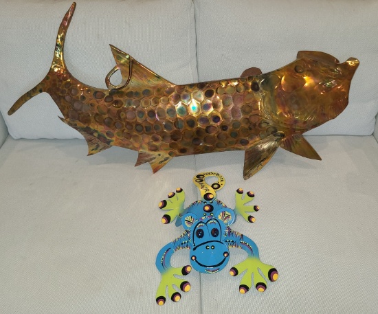 metal tarpon and frog sculptures - one is signed
