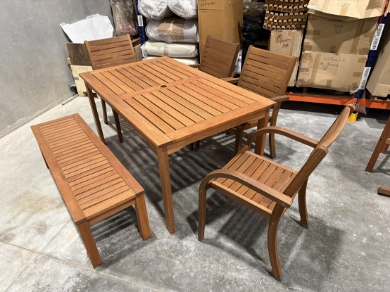 BRAND NEW OPEN BOX OUTDOOR 59" BY 35" TABLE  WITH 1 BENCH AND 4 CHAIRS - SOLID WOOD