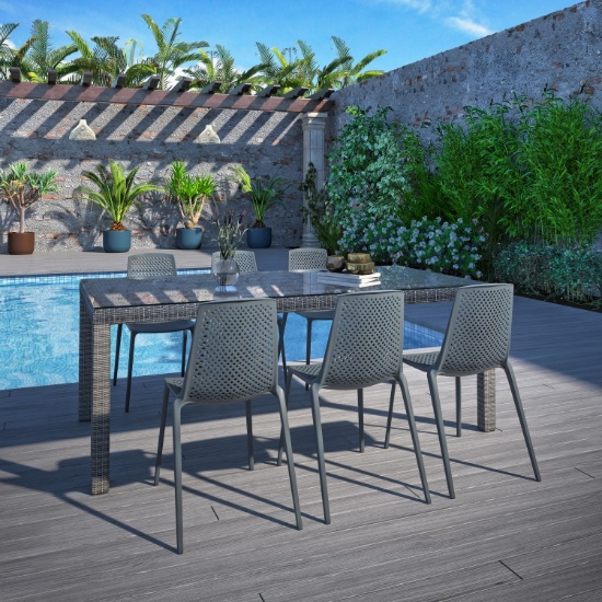 BRAND NEW ORIGINAL PACKAGING 79" GLASS TOP TABLE + 6 STACKING RECYCLED RESIN GREY CHAIRS
