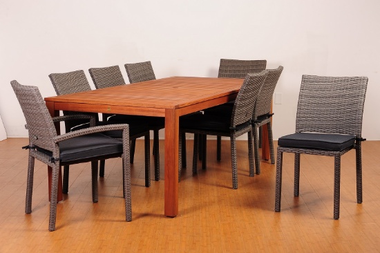 BRAND NEW ORIGINAL PACKAGING 88" SOLID EUCALYPTUS WOODEN TABLE + 8 STACKING WICKER CHAIRS - GREY