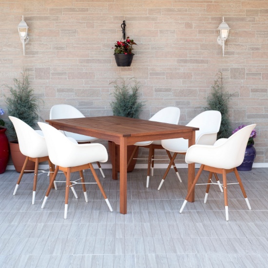 BRAND NEW ORIGINAL PACKAGING OUTDOOR 59" BY 35" TABLE  WITH 6 WHITE RECYCLED RESIN CHAIRS - SOLID WO