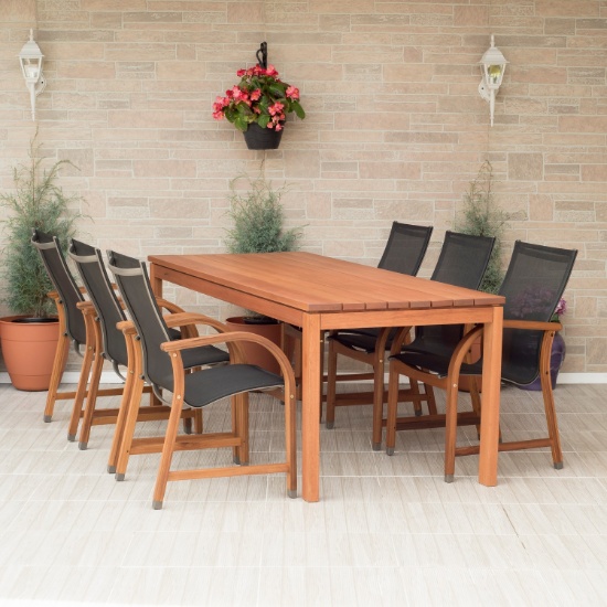 BRAND NEW ORIGINAL PACKAGING 83" OUTDOOR SOLID WOOD DINING TABLE WITH 6 BROWN SLING CHAIRS