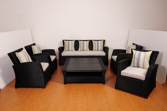 BRAND NEW ORIGINAL PACKAGING OUTDOOR SYNTHETIC BLACK WICKER/ALUMINUM 7-PERSON SEATING SET BLACK