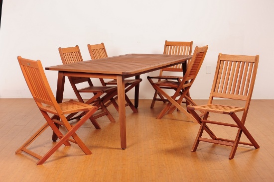 BRAND NEW ORIGINAL PACKAGING OUTDOOR SOLID WOOD  TABLE 85" X 37" WITH 6 FOLDING CHAIRS