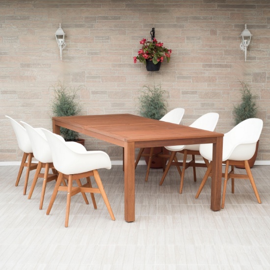 BRAND NEW ORIGINAL PACKAGING 88" SOLID EUCALYPTUS WOODEN TABLE + 6 WHITE RECYCLED RESIN CHAIRS