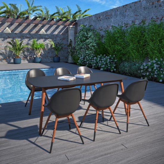 BRAND NEW OUTDOOR ORIGINAL PACKAGING SOLID WOOD  TABLE 76" X 42" WITH 6 RECYCLED RESIN BLACK CHAIRS