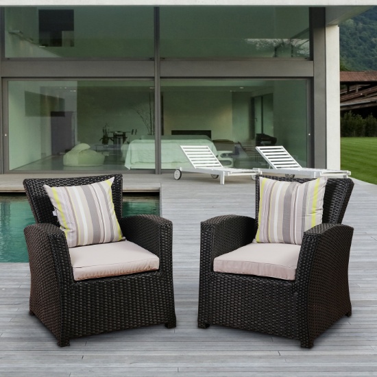 BRAND NEW ORIGINAL PACKAGING OUTDOOR SYNTHETIC BLACK WICKER/ALUMINUM 2 SOFA CHAIRS - BLACK